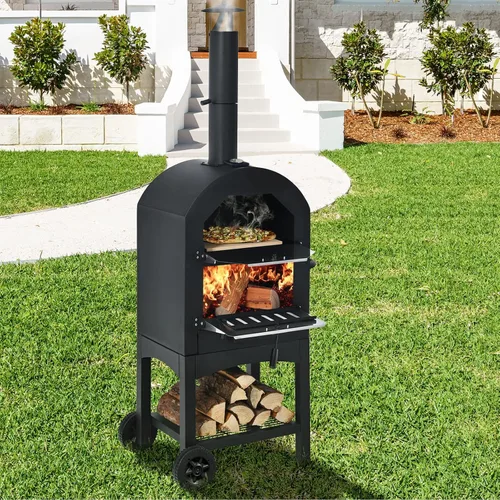 Miniatura 2 de Happygrill Horno de pizza para exteriores de leña, pizzero portátil con parrilla y piedra, rejillas de cocción, termómetro incorporado, cubierta