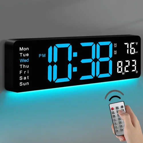 Reloj de pared digital LED grande de 16.5 pulgadas con brillo automático, retroiluminación RGB, alarma doble, pantalla de temperatura y humedad,