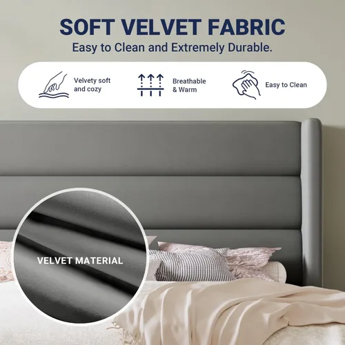 Miniatura 7 de Allewie - Base de cama tamaño Queen con cabecera tapizada en terciopelo con respaldo abatido, sin necesidad de somier, espacio de almacenamiento Gris