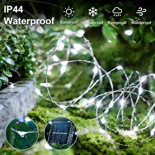 Miniatura 2 de QITONG Guirnalda de luces solares impermeables para exteriores, paquete de 2 unidades de 200 luces LED blancas de Navidad de 66 pies, cable Blanco