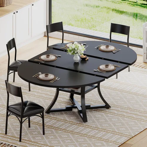 Itaar Juego de mesa de comedor redonda extensible para 4-6 personas, juego de mesa de cocina de 5 piezas con 4 sillas acolchadas, mesa de comedor