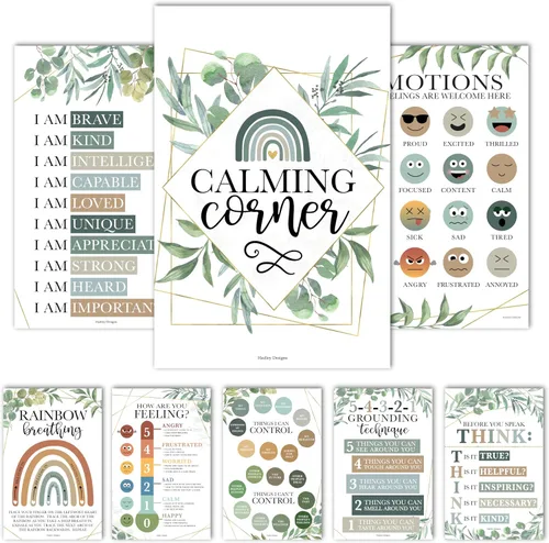 Hadley Designs 8 Pósters de Rincón Calmante para Aula Imprescindibles para Maestros - 11x17 Suministros de Rincón de Calma, Tabla de Sentimientos
