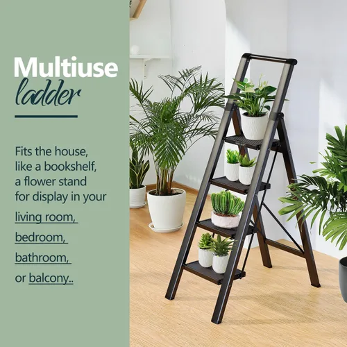 Miniatura 6 de WOA WOA Escalera de 4 escalones para techo de 10 pies de alto, escalera plegable ligera con peldaños anchos antideslizantes, taburete con barandilla