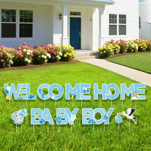 Miniatura 4 de Letrero de bienvenida para bebé niño con estacas, letrero azul de bienvenida para el patio del bebé, letrero de bienvenida con texto en inglés "It's