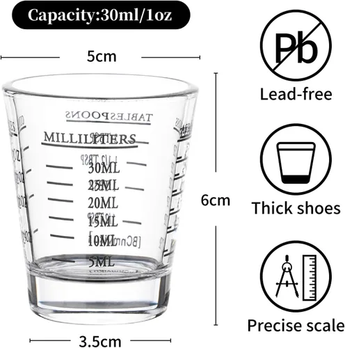 Miniatura 4 de BCnmviku -Vasos corto, taza medidora, taza de espresso, Líquido, vidrio pesado, vaso de vino 2 juegos de 26, para medición gradual 1 onza, 6 Negro