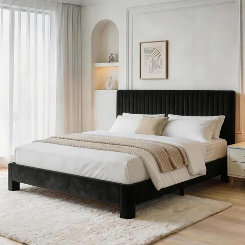 Miniatura 10 de Vipbear Base de cama de tamaño matrimonial con heaboard, marco de cama tapizado de terciopelo de lujo con soporte de listones de madera, bajo