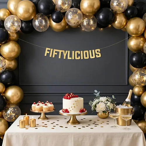 Miniatura 4 de Cartel Fiftylicious con purpurina negra preencordada, divertidas decoraciones de cumpleaños 50 y aniversario para hombres y mujeres, suministros