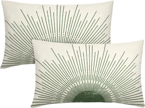 Miniatura 7 de Juego de 2 fundas de almohada verdes bohemias de 16 x 16 pulgadas, diseño bohemio, amanecer, puesta de sol, estampado abstracto de sol, fundas