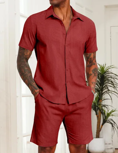 Miniatura 10 de COOFANDY Conjunto de 2 piezas de algodón y lino para hombre, camisas de manga corta con botones, pantalones cortos de playa de verano, trajes