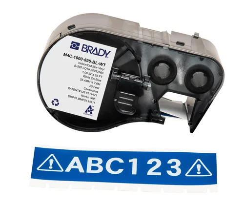 Brady Auténticas etiquetas de vinilo para todo tipo de clima (M4C-1000-595-BL-WT) de 1 pulgada de ancho x 25 pies, blancas sobre azul. Para usar con