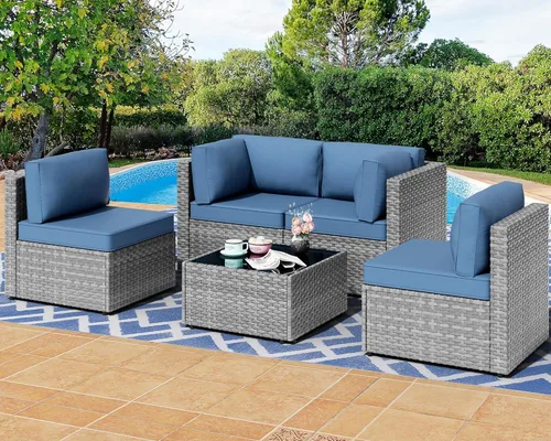 Miniatura 10 de Shintenchi Juego de 5 muebles de patio al aire libre, sofá seccional de patio, muebles de mimbre de polietileno gris, juegos de conversación