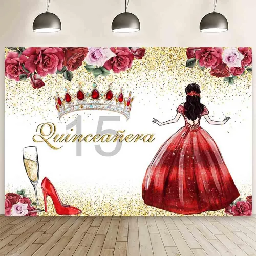 Miniatura 9 de AIBIIN Telón de fondo de quinceañera de 15 cumpleaños para niñas, fondo de fotografía rosa floral dorado con purpurina, corona de princesa, tacones