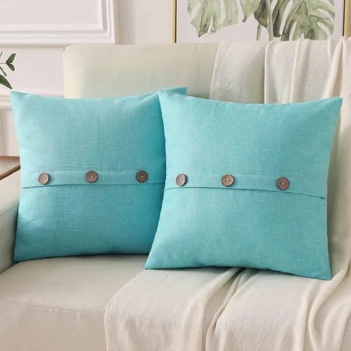 HAUSSY Juego de 2 fundas de almohada decorativas de lino turquesa de 20 x 20 pulgadas, fundas de cojín cuadradas con 3 botones vintage, decoración