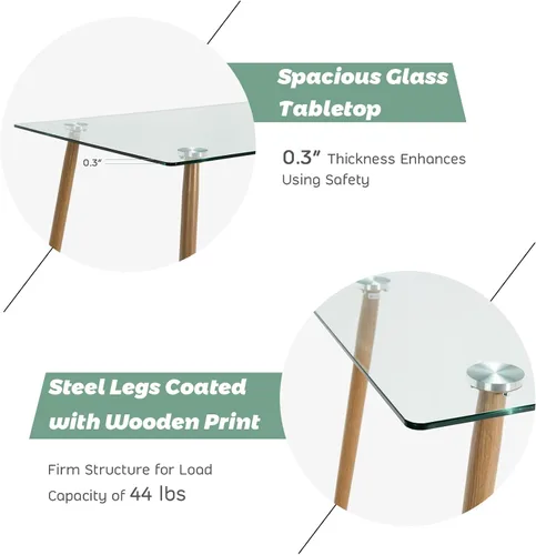 Miniatura 4 de Moccha - Mesa de comedor de cristal de 51 pulgadas, mesa rectangular moderna con amplia mesa de vidrio templado y patas de metal de grano de madera