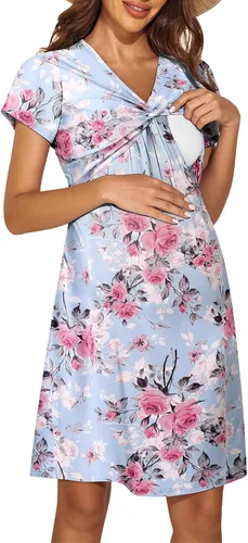 Ekouaer Vestido de lactancia para mujer, manga corta, floral, vestido de maternidad casual, ropa de embarazo S-XXL