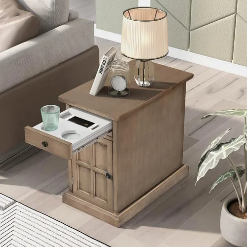 Miniatura 13 de Mesa auxiliar moderna de 2 niveles con estante tejido, mesa auxiliar pequeña bohemia para sala de estar, sofá, patio, oficina en casa, mesa Nogal_2