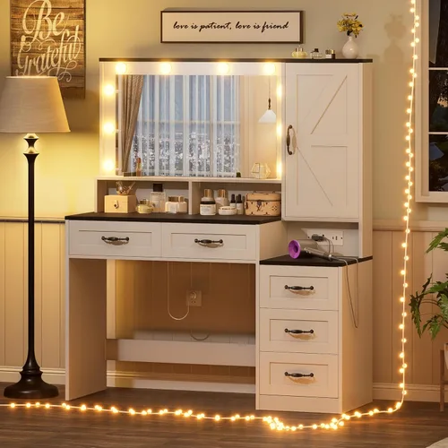 Miniatura 12 de Escritorio de tocador con espejo iluminado, tocador negro con 4 cajones, tocador de maquillaje con estantes de almacenamiento y toma de corriente