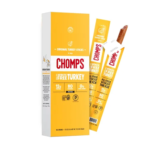 Chomps Paquete de 10 palitos originales de carne seca de pavo, Keto, Paleo, bajos en carbohidratos, aprobados por Whole30, 0.44 oz de proteína de