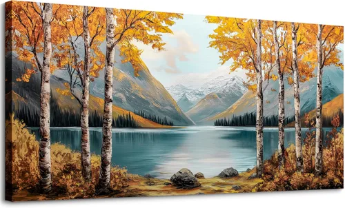Miniatura 8 de SLYCAY Lienzo grande con árbol de la vida dorado para pared, pintura de paisaje, naturaleza, nieve, montaña, lago, paisaje, decoración de pared