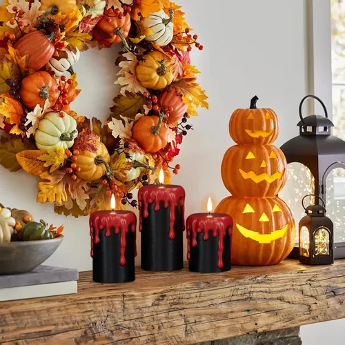 Miniatura 6 de Wondise Velas de Halloween sin llama con temporizador de 6 horas, velas LED negras de cera real que gotean a pilas, mecha 3D, parpadeante