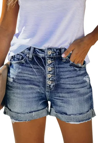Miniatura 2 de Pink Queen Pantalones cortos de mezclilla de cintura alta para mujer, estilo casual, rasgados, de verano, pantalones cortos desgastados