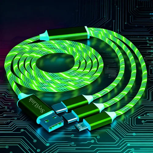 Miniatura 10 de Cable USB PD cargador rápido iluminado (USB 3 en 1 azul), cable de datos de teléfono, cable de carga de luz fluida, 39 pulgadas, material TPE