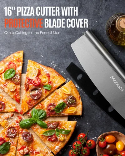 Miniatura 3 de Mooues Pala para Pizza de Aluminio Espátula para Pizza, Pala de Pizza de Metal (14 x 16 pulgadas) con Cortador Basculante Mango de Madera Plegable