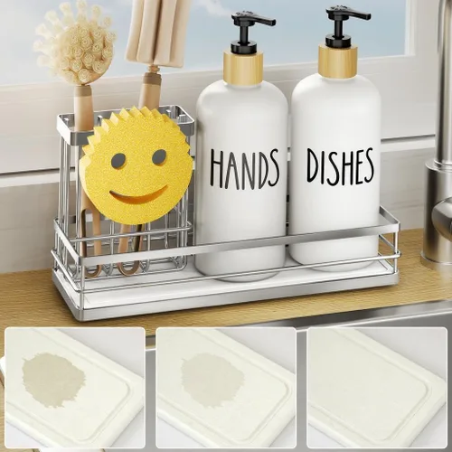 Miniatura 8 de Moforoco Juego de dispensador de jabón para platos de cocina, botella de vidrio de 16 onzas, dispensador de jabón para manos y platos, bandeja