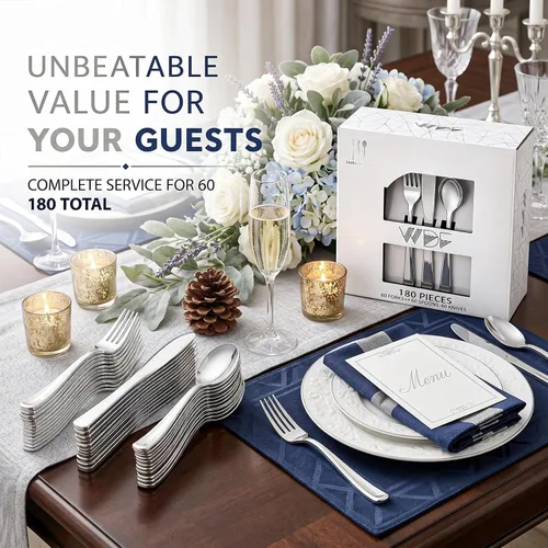 Miniatura 6 de WDF 180 cubiertos de plástico plateado – cubiertos de plástico plateado – cubiertos de plástico elegante resistente – 60 tenedores, 60 cuchillos, 60