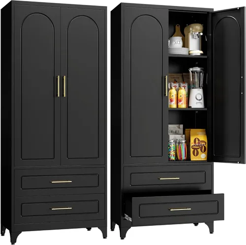 Miniatura 17 de Armario de almacenamiento de metal negro con puerta, armario de despensa de cocina con 3 estantes ajustables, armarios de almacenamiento de 60