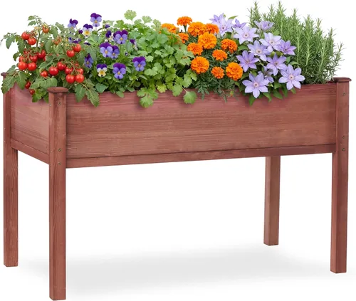 Miniatura 9 de Cama de jardín elevada con patas, 31 x 16 x 31 pulgadas, jardinera elevada de madera para exteriores, patas gruesas, con forro Marrón