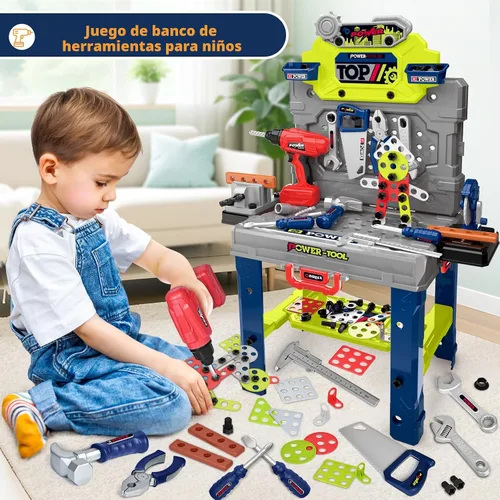Miniatura 3 de Banco de herramientas para niños con taladradora eléctrica realista, juego de herramientas para niños pequeños de 132 piezas, juguetes de regalo