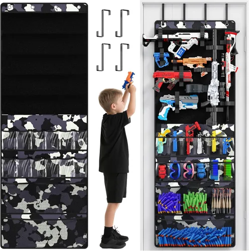 Miniatura 12 de Organizador sobre la puerta para pistolas de juguete, organizador de almacenamiento de pistolas de juguete con bolsillos y ranuras para niños, Verde