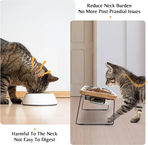 Miniatura 2 de Tazones elevados para alimentos y agua para gatos – Comedero elevado de acero inoxidable con 3 cuencos inclinados de 15°, con soporte de bambú