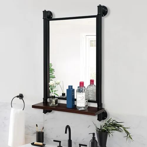 Miniatura 3 de Espejo de tubo industrial, estantes de madera, espejo de dormitorio con estante, espejos rectangulares de pared de hierro para sala de estar