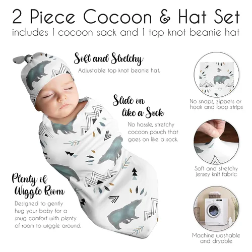 Miniatura 6 de Sweet Jojo Designs Bear Mountain - Juego de 2 gorros de capullo y gorro de punto elástico para bebé recién nacido, saco de dormir para bebé, saco