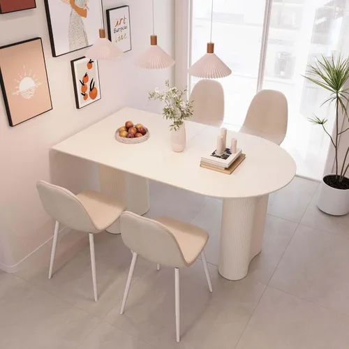 Miniatura 12 de Moderno juego de mesa de comedor color crema para 4, juego de mesa de comedor y sillas de 5 piezas, mesa de comedor ovalada blanca de 63 pulgadas