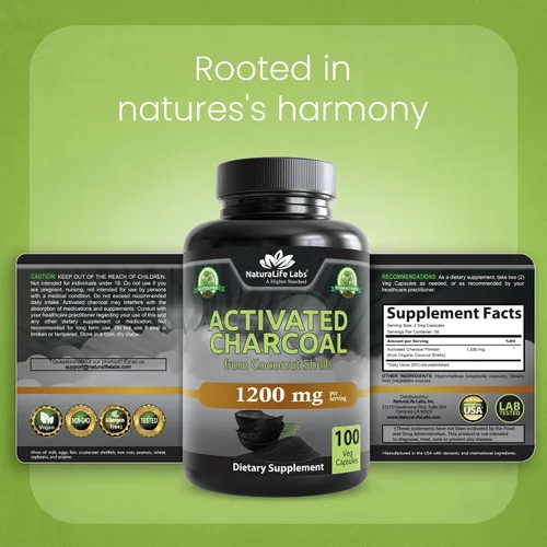 Miniatura 8 de NaturaLife Labs Carbón activado 1200 mg por porción - de cáscaras de coco - 100 cápsulas vegetales - Sin OMG, sin gluten, vegano (2)
