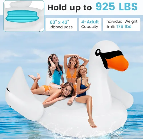 Miniatura 2 de Goplus Isla flotante de cisne inflable gigante, flotador de piscina para 4 personas con 4 soportes para tazas, muelle flotante recreativo para lago