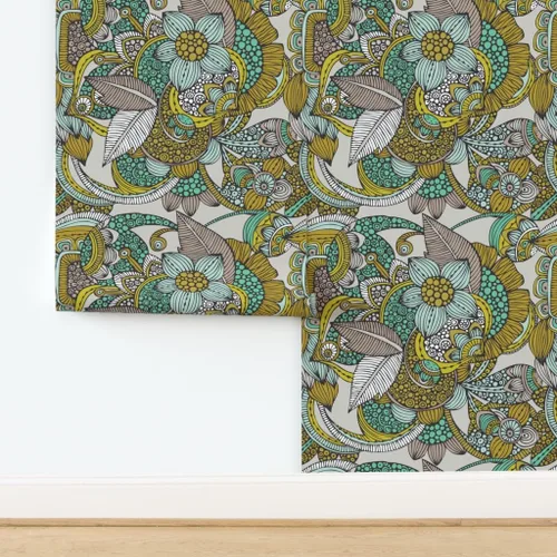 Miniatura 4 de Muestras de papel tapiz para despegar y pegar, mostaza, menta, flores, garabatos, líneas, puntos, círculos, estilo vintage, bohemio, papel tapiz