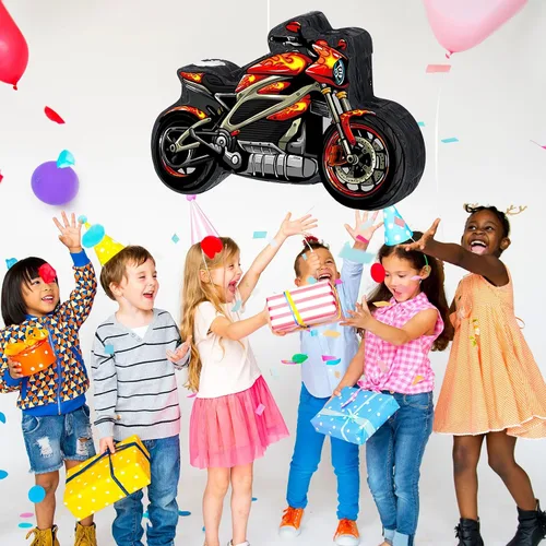Miniatura 5 de Shappy Piñata de motocicleta 3D Dirt Bike Piñata con palo para los ojos vendados, decoración de cumpleaños de motocicleta roja, decoración de fiesta