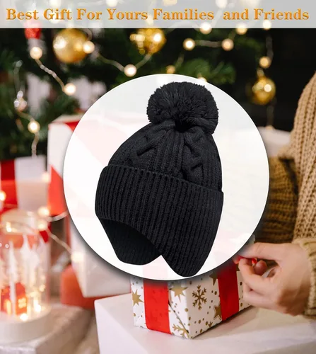 Miniatura 2 de KMOLY Gorro de punto de invierno para mujer con pompones, gorro de calavera cálido con solapas para las orejas para mujer