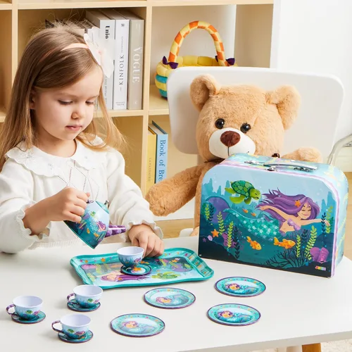 Miniatura 9 de JOYIN Juego de fiesta de té de sirena para niñas pequeñas, juego de tetera de hojalata, juguete de cocina con tetera, tazas, platos, estuche