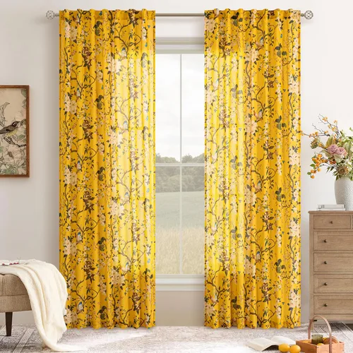 Miniatura 12 de Cortinas de lino florales azules y amarillas, estilo vintage, bohemio, de 63 pulgadas, 2 paneles con pestaña trasera para sala de estar