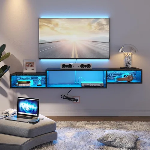 Miniatura 7 de 4 EVER WINNER Soporte flotante para TV con toma de corriente, estante flotante de TV de 59 pulgadas con luces LED y almacenamiento, centro