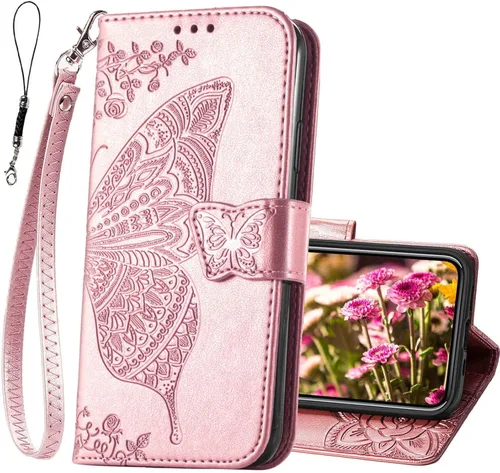 Miniatura 10 de Funda tipo cartera para iPhone 12 Pro/iPhone 12, funda con tapa para mujer con diseño de mariposa en relieve de piel sintética, soporte