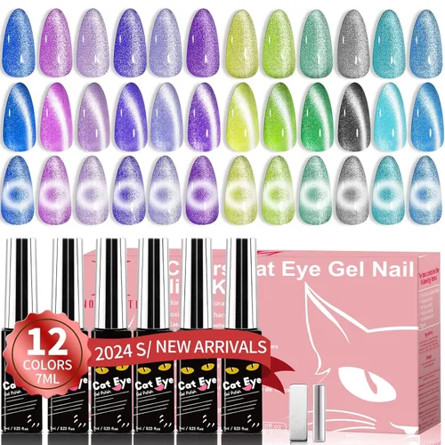 Miniatura 20 de Kit de esmalte de uñas de gel, 12 colores brillantes con purpurina 9D camaleón ojo de gato, juego de esmalte de uñas de gel con base de luz