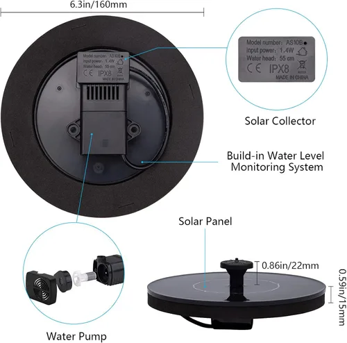Miniatura 7 de Fuente solar para baño de pájaros, bomba de fuente con energía solar de 1.5 vatios, bombas de agua flotantes para jardín, patio, estanque y piscina