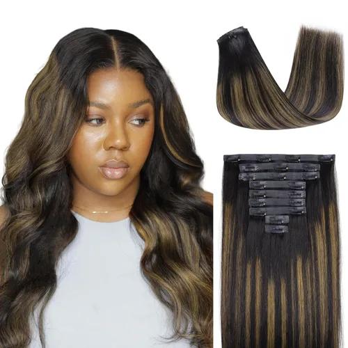Miniatura 28 de Lashey - Extensiones de cabello con clip sin costuras, de cabello humano real, 7 unidades, 110 g, 14 pulgadas, color negro natural, lacio