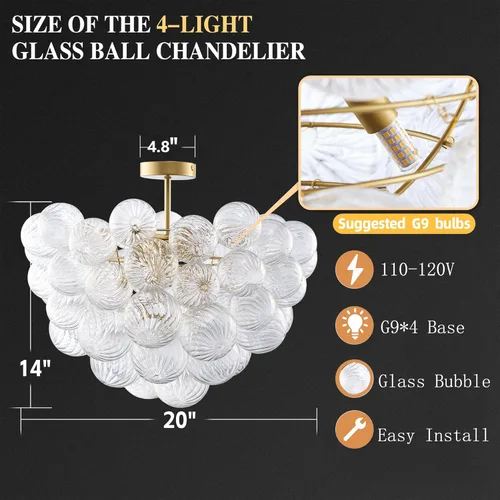 Miniatura 3 de Longree Lámpara de techo semiempotrada con bola de burbujas, diámetro de 20 pulgadas, cristal soplado dorado y transparente, pequeña lámpara de Oro